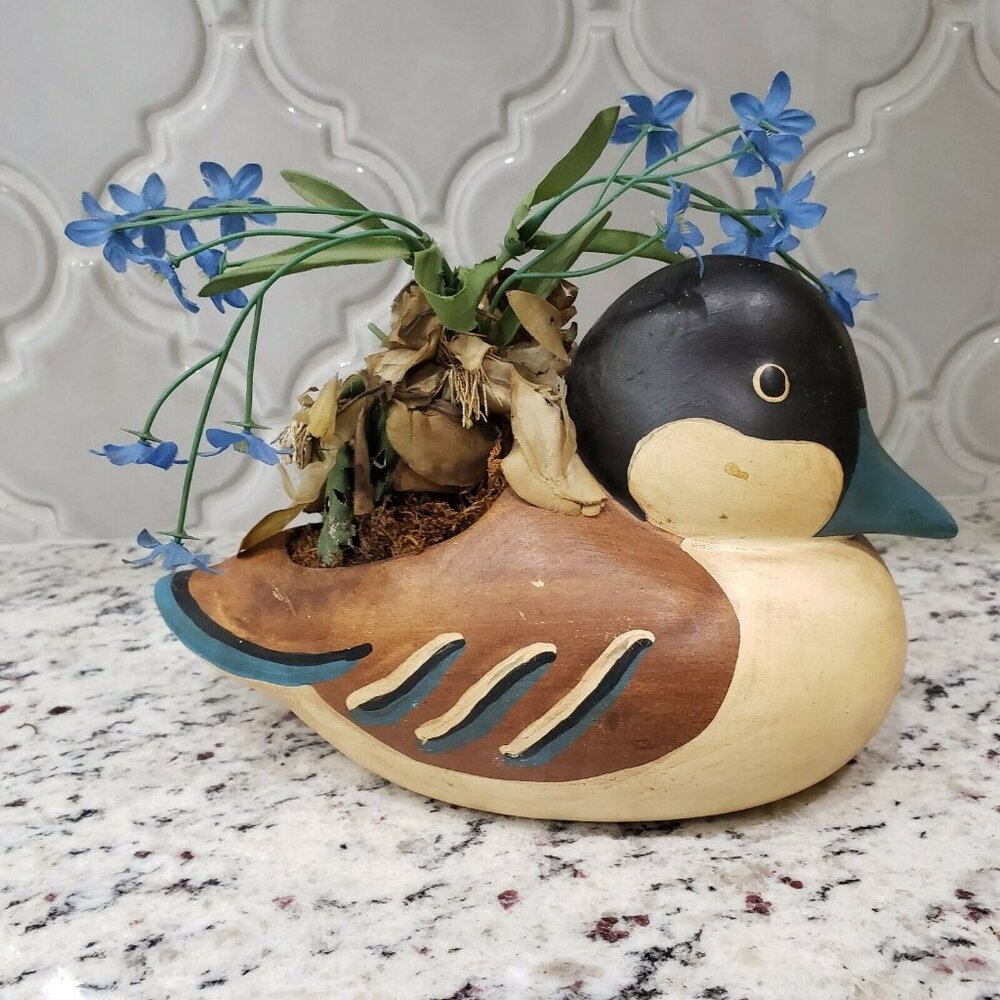 Vintage Ruddy Duck Canadian Goose Planter Black Blue Brown Vase with Fake Flower